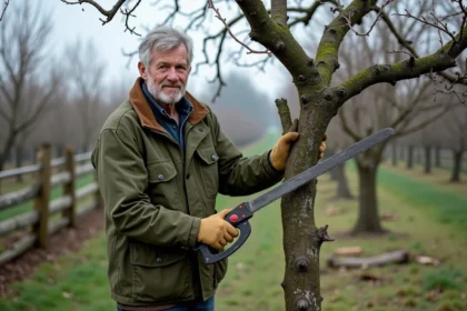 Jardinier expérimenté taillant un vieux prunier dans un verger familial au début du printemps avec une scie d'élagage