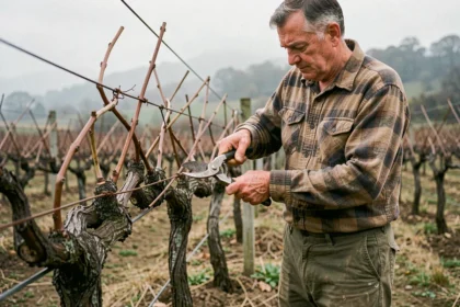 Vigneron d'âge mûr en train de tailler une vigne dormante avec un sécateur professionnel dans un vignoble français en hiver