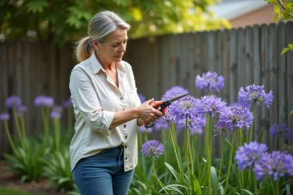 Femme taillant des agapanthes dans le jardin