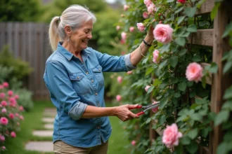 Femme taillant un rosier dans un jardin verdoyant