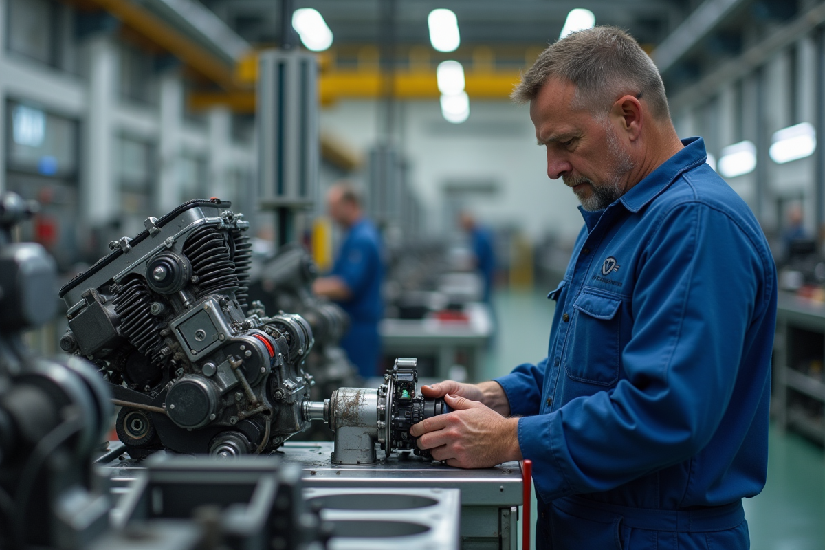 Technicien en bleu assemble un moteur dans un atelier propre