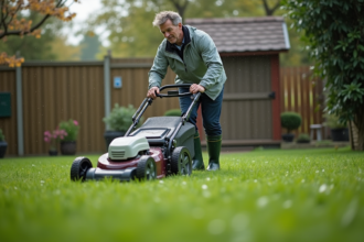 Homme moyenâgeux poussant une tondeuse électrique sous la pluie dans un jardin