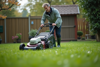 Homme moyenâgeux poussant une tondeuse électrique sous la pluie dans un jardin