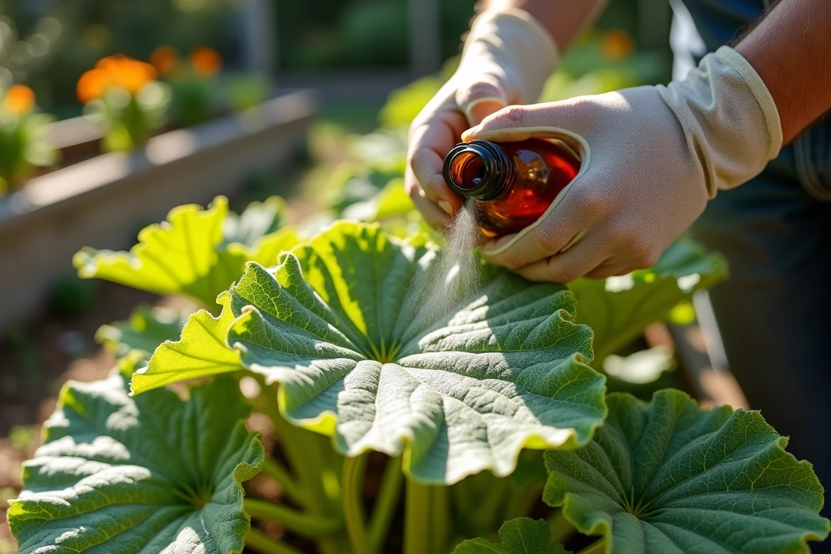 Application d'un traitement biologique maison sur des feuilles de courgette malades au potager