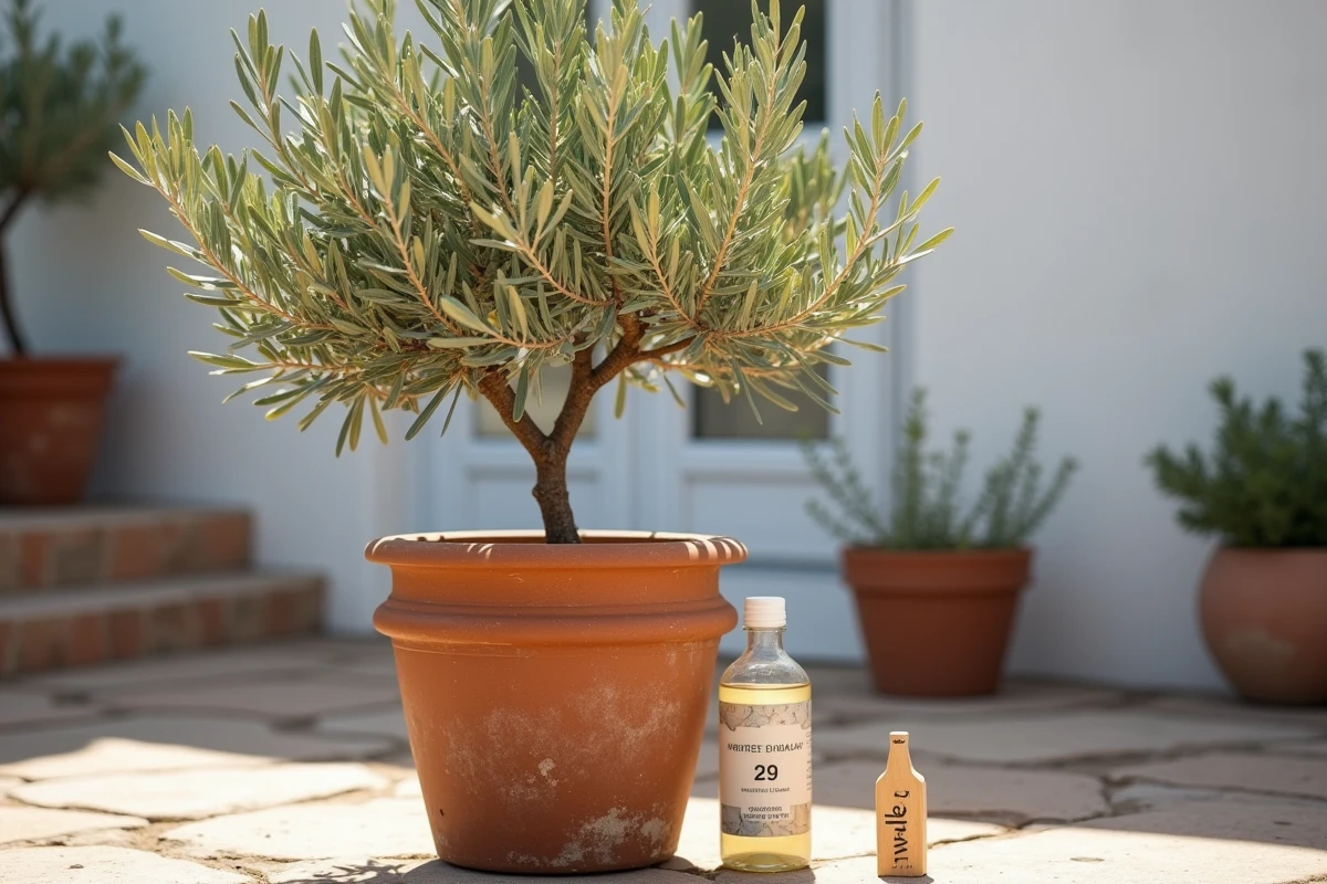 Olivier en pot atteint de cochenilles avec produit de traitement à l'huile blanche posé à côté sur une terrasse