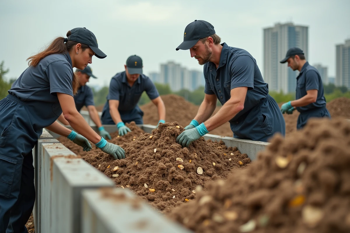 Travailleurs municipaux triant des déchets organiques en ville