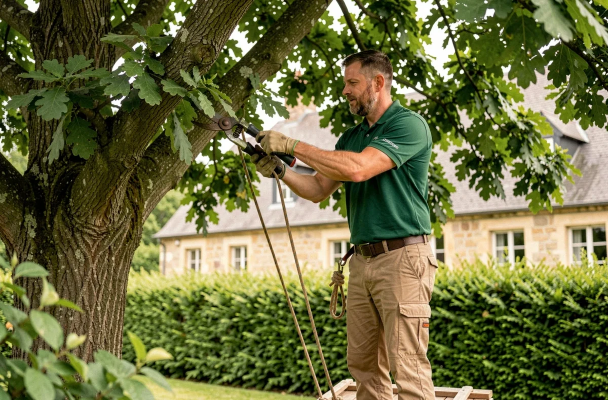 Élagueur de Tree Art Elagage taillant un grand chêne dans un jardin résidentiel des Yvelines