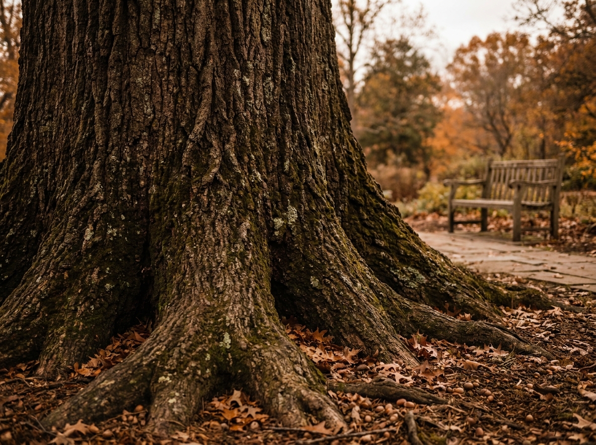 Gros plan sur le tronc noueux et les racines apparentes d'un vieux chêne centenaire dans un jardin en automne