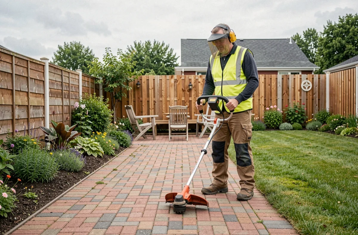 Vue grand angle d'un homme équipé d'un gilet haute visibilité et d'un écran facial utilisant un rotofil thermique en sécurité le long d'une allée pavée dans un jardin résidentiel