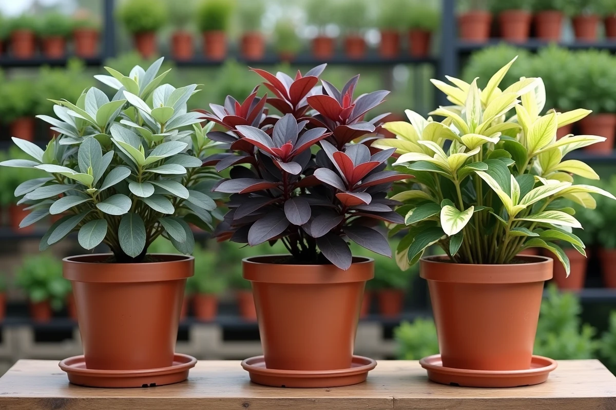 Comparaison de trois variétés de Pittosporum en pots de pépinière montrant les différences de feuillage