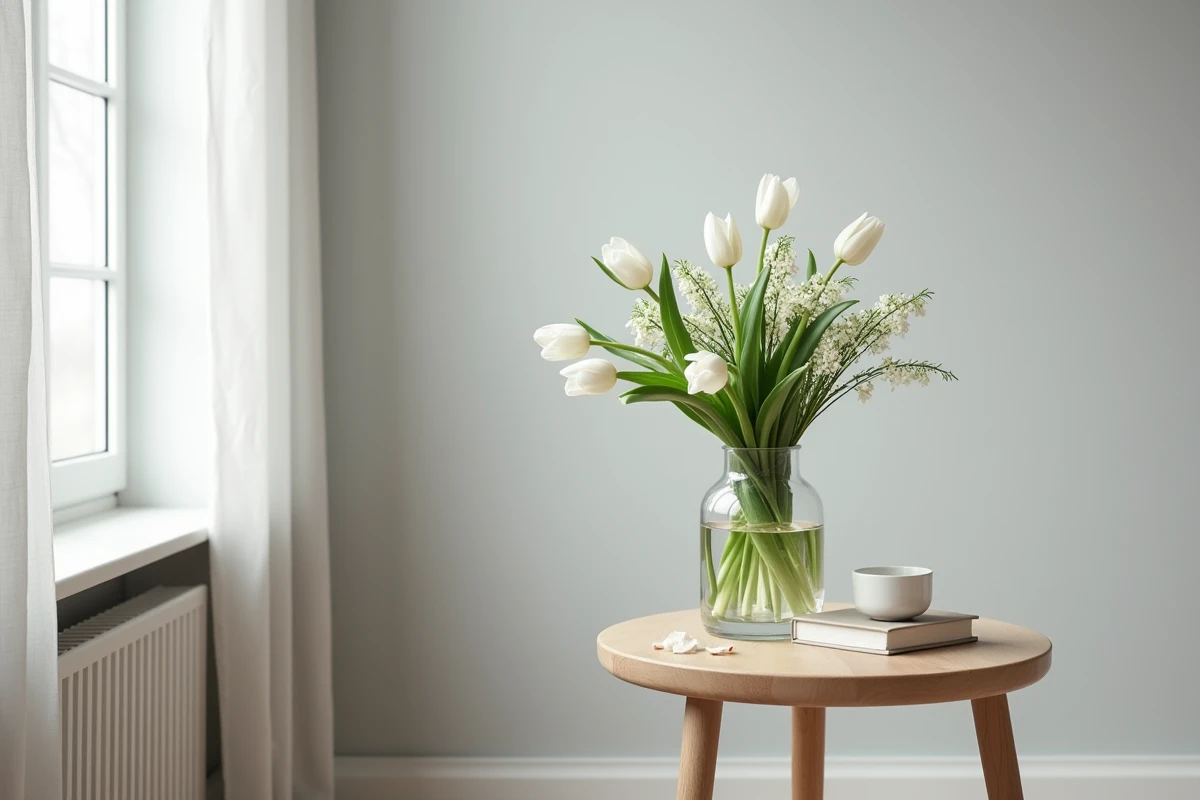 Vase de fleurs blanches variées sur une table en bois dans un intérieur minimaliste évoquant la symbolique florale