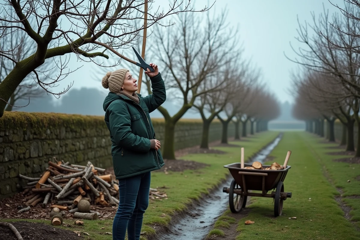 Vue d'ensemble d'un verger familial en hiver avec une femme taillant des vieux pruniers et branches coupées au sol