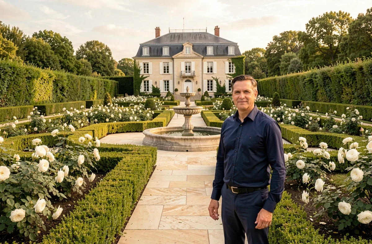 Un architecte paysagiste de VESTA CREATION se tient devant un jardin formel élégant avec haies symétriques, fontaine en pierre et rosiers blancs près d'une maison de campagne en Haute-Garonne
