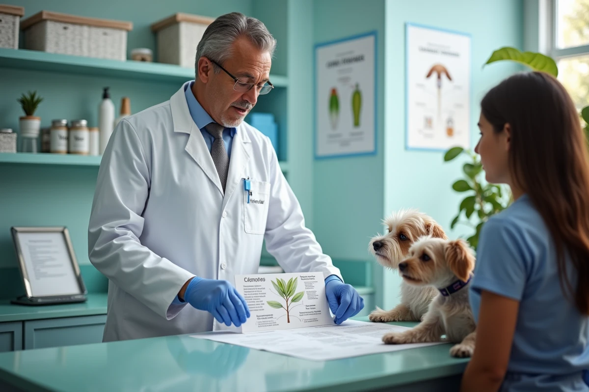 Vétérinaire expliquant un diagramme de la plante castor à une famille