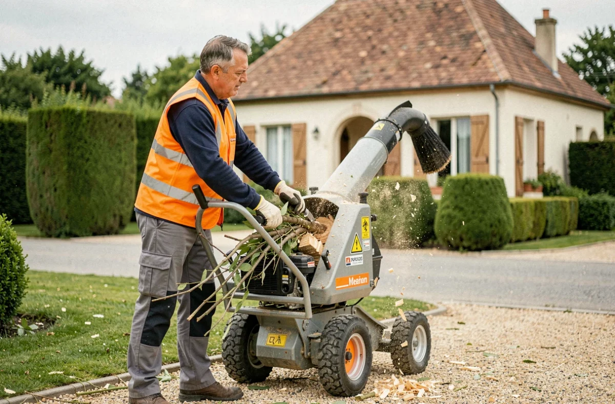 Technicien de Vitrou Sasu utilisant un broyeur de branches devant un pavillon en Yvelines